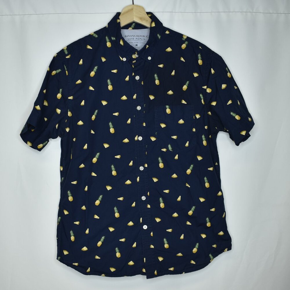 Banana Republic Men's Shirt Short Sleeve Luxe Poplin Pineapple Blue Slim